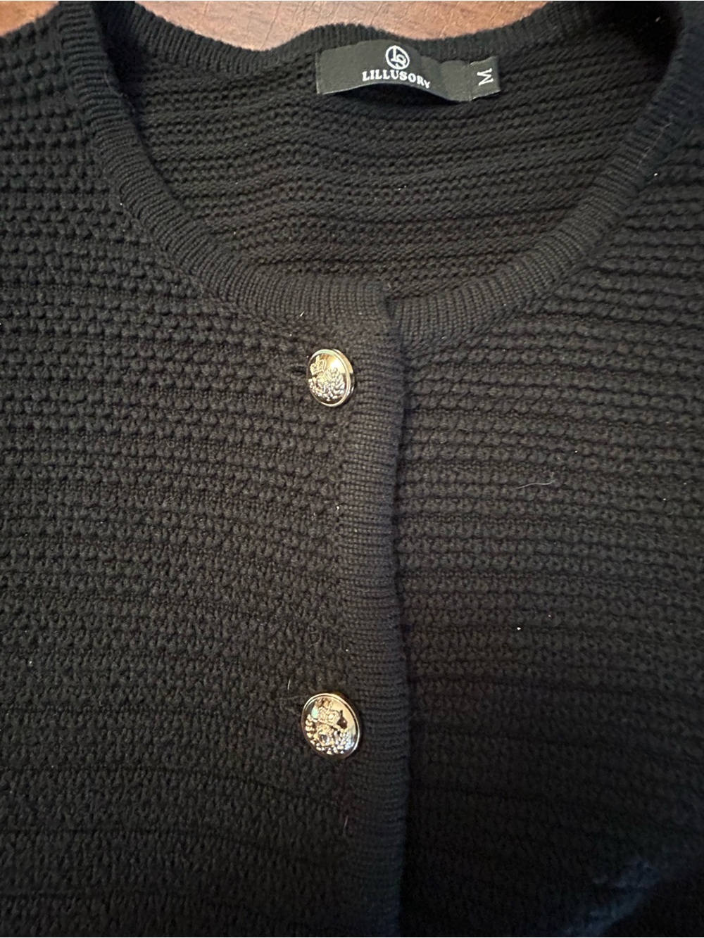 Lillusory Woman’s Black Knit Button-Up Cardigan with Gold Buttons SZ M EUC - Picture 8 of 11